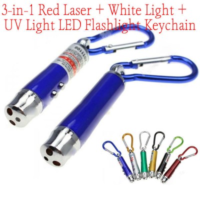 keychain led flashlight wholesale 3-in-1 UV Light LED Flashlight Keychain + Red Laser + White Light